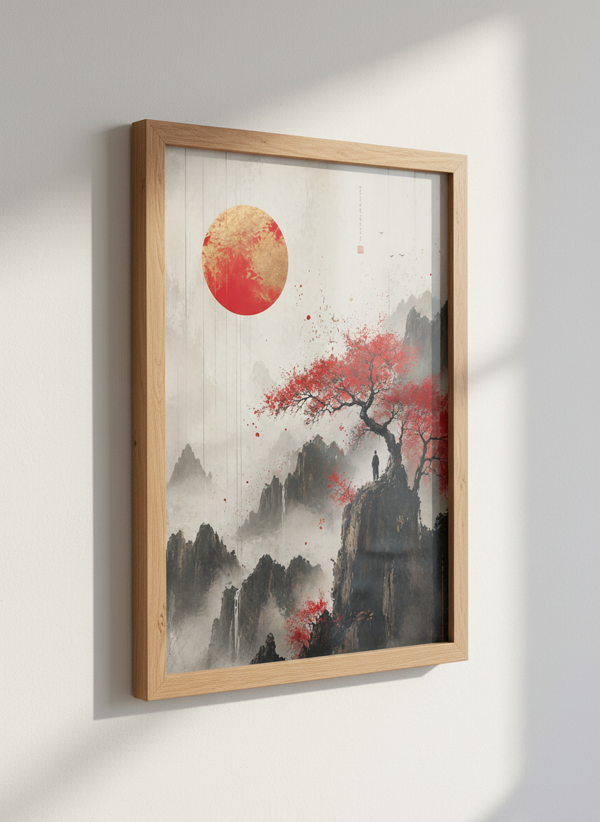 Japanese Mountain Landscape Wall Art | Red Sun Zen Poster, Living Room Decor