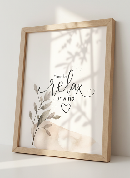 Time to Relax &amp; Unwind Wall Art | Neutral Botanical Decor | Minimalist Poster Print
