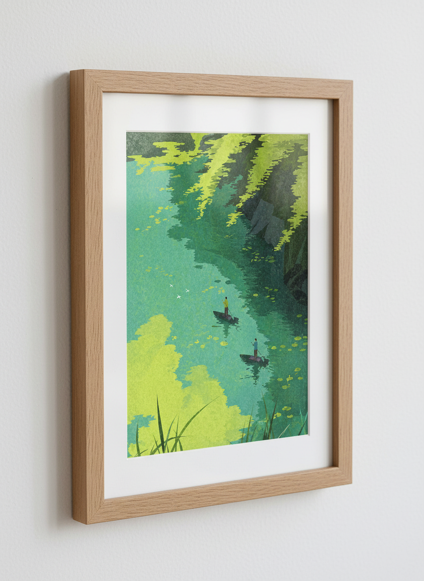 Paddleboarding River Art Print | Green Water Landscape | Nature Home Decor Poster