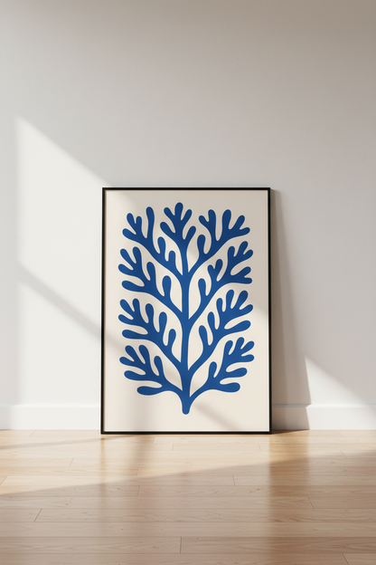 Abstract Ocean Coral Framed Wall Art | Coastal Living Room Decor | Mid Century Blue Aesthetic Poster | Ready to Hang Print