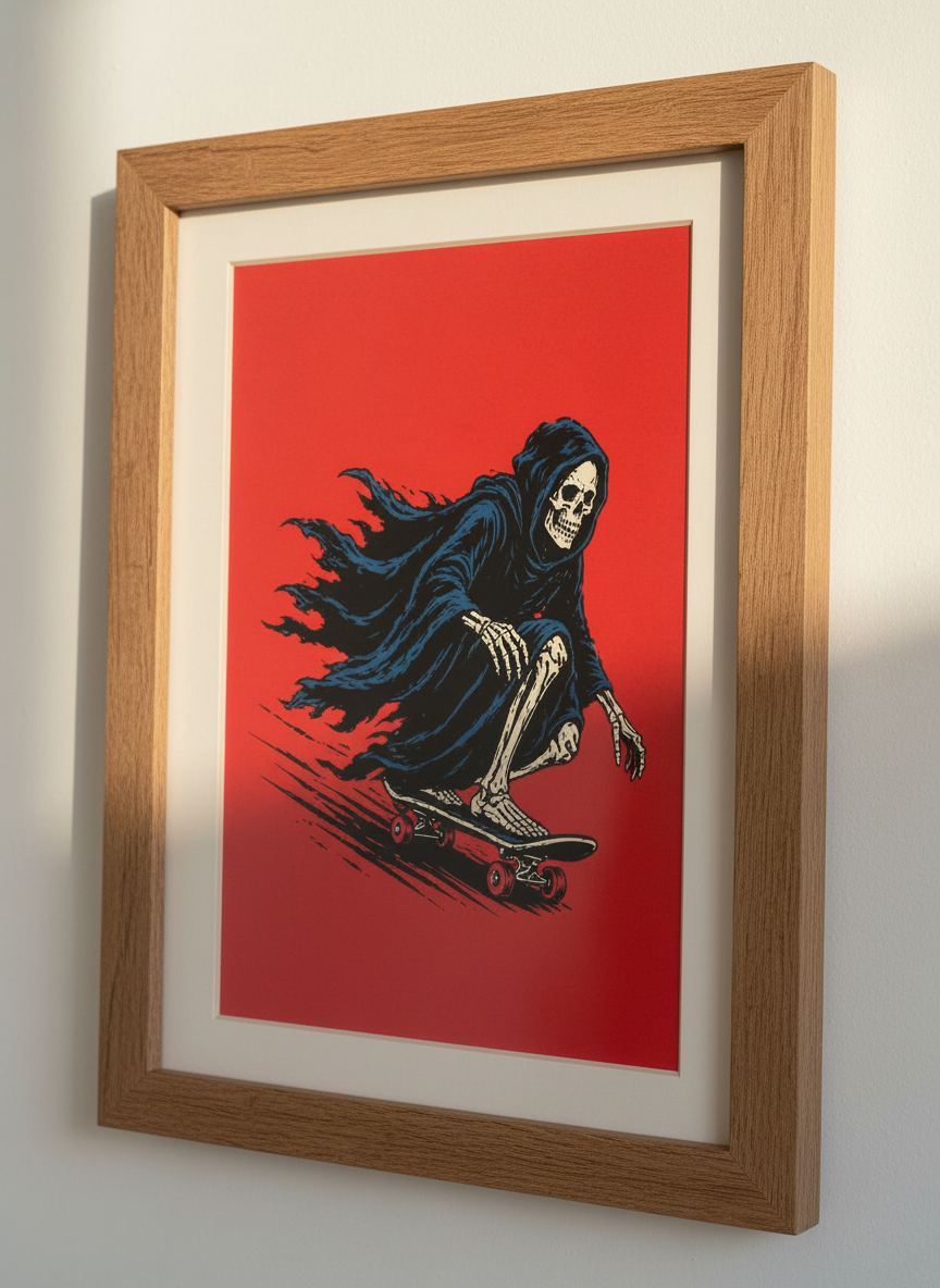 Grinning Skater Skeleton Art | Red Skateboard Grim Reaper Wall Decor | Dark Academia Goth