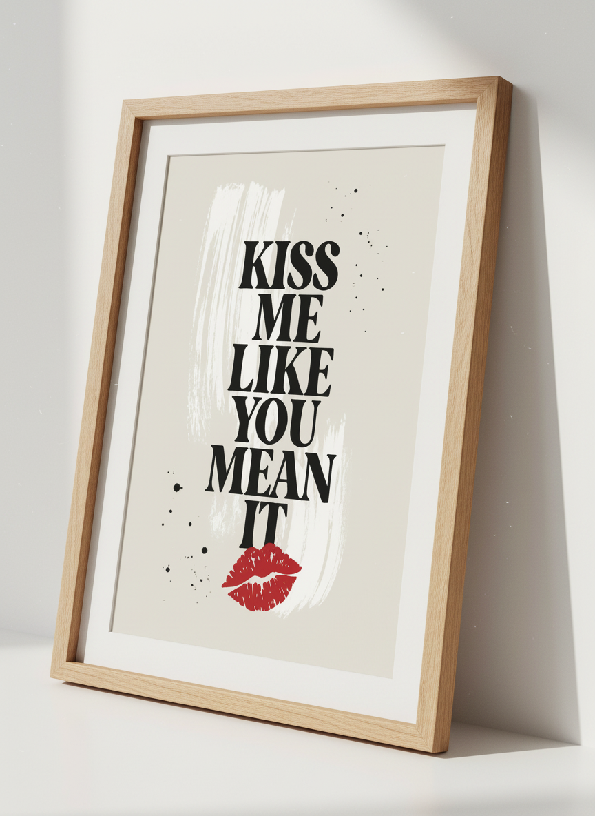 Kiss Me Like You Mean It Poster | Red Lips Typography Wall Art | Modern Bedroom Decor