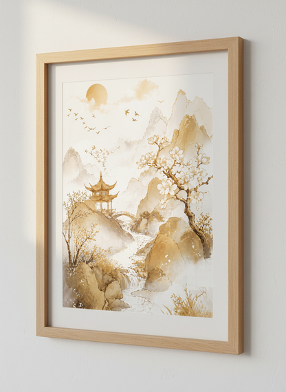 Japanese Pagoda Landscape Wall Art | Gold Mountain Nature Print | Zen Home Decor Poster
