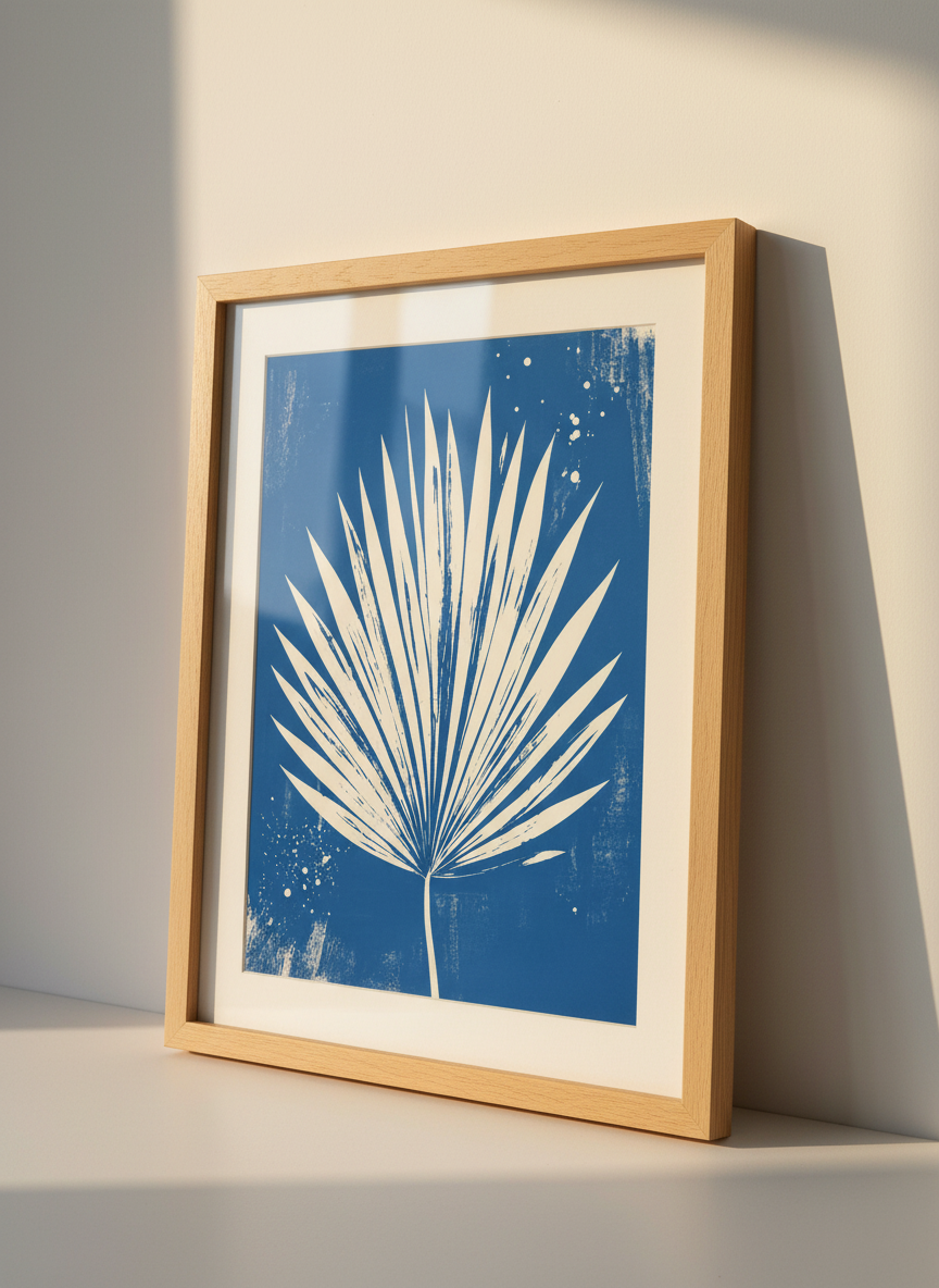 Palm Leaf Wall Art | Blue Botanical Print, Coastal Living Room Decor