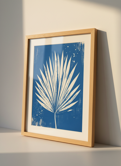 Palm Leaf Wall Art | Blue Botanical Print, Coastal Living Room Decor