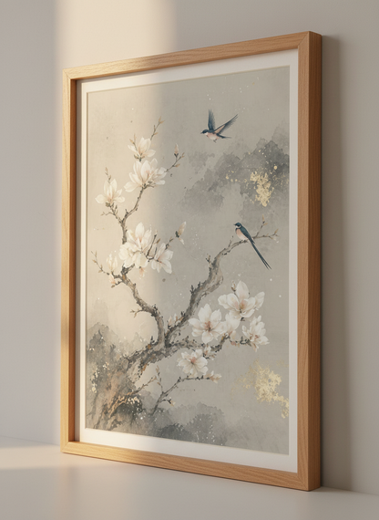 Magnolia Blossom &amp; Bird Wall Art | Neutral Chinoiserie Print, Zen Lounge Decor