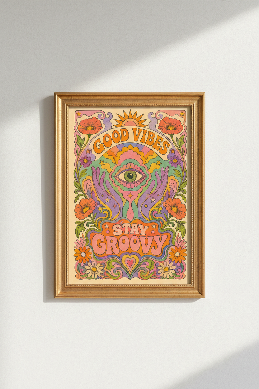psychedelic poster | retro floral sunburst, living room decor