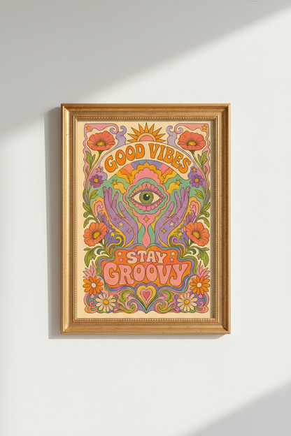 psychedelic poster | retro floral sunburst, living room decor