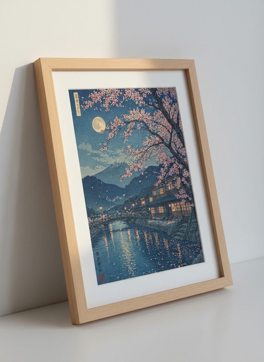 Mount Fuji Cherry Blossom Print | Japanese Night Landscape, Bedroom Decor Art