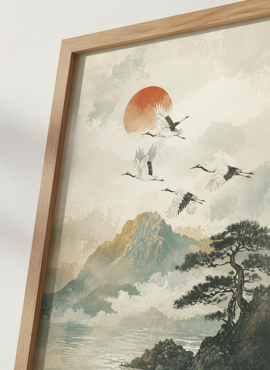 Japanese Crane Wall Art Print | Misty Mountain Landscape Decor | Minimalist Poster