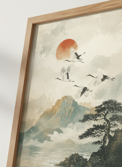 Japanese Crane Wall Art Print | Misty Mountain Landscape Decor | Minimalist Poster