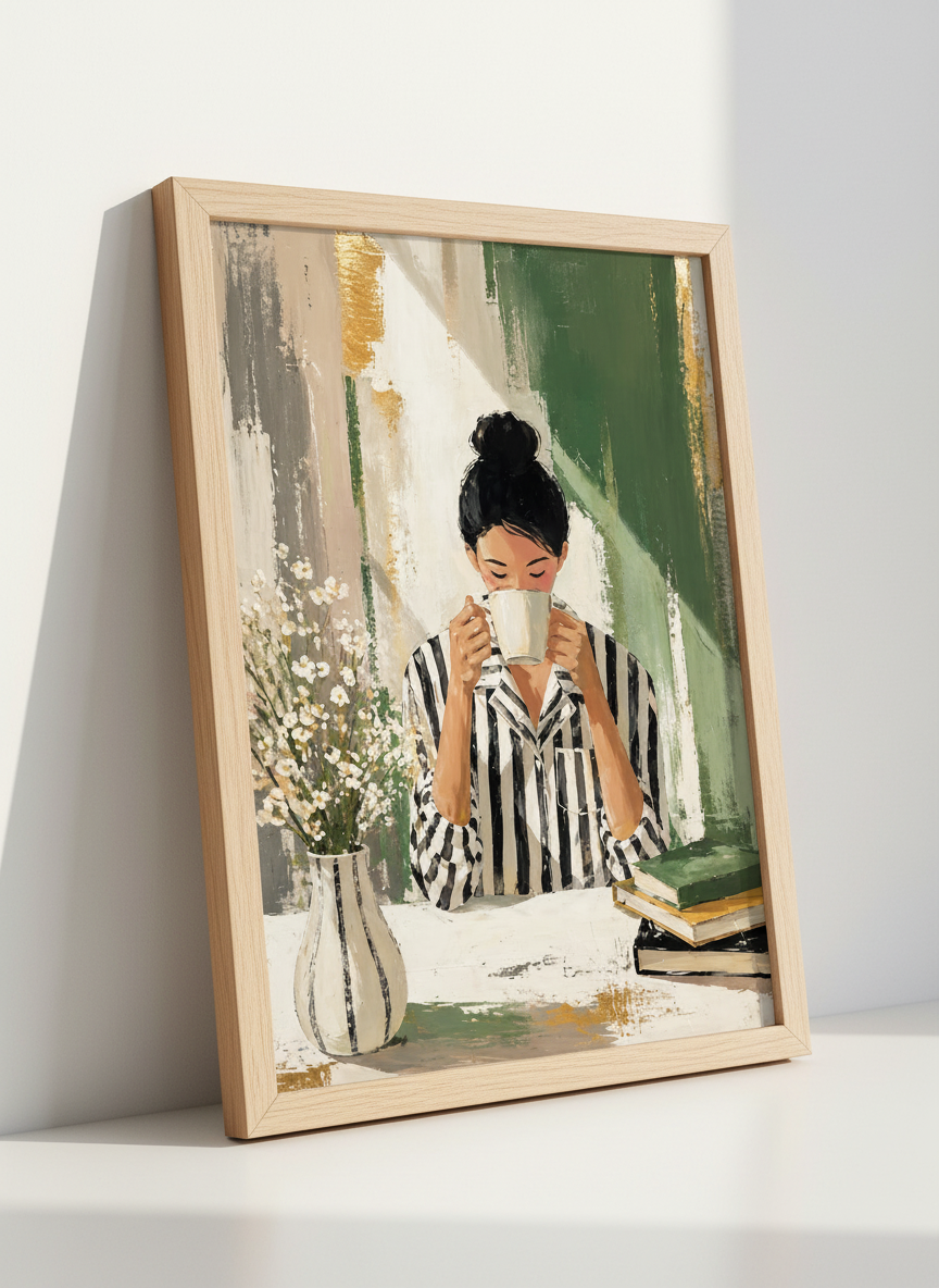 Coffee Woman Wall Art Print | Sage Green Kitchen Decor | Impressionist Poster