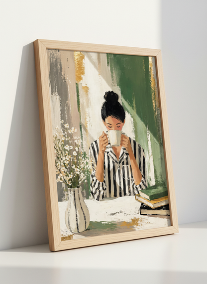 Coffee Woman Wall Art Print | Sage Green Kitchen Decor | Impressionist Poster