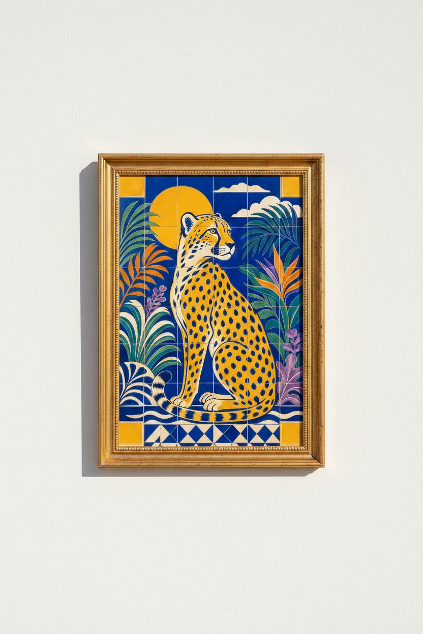 cheetah wall art | Tile-Style Tropical Blue &amp; Gold, Living Room