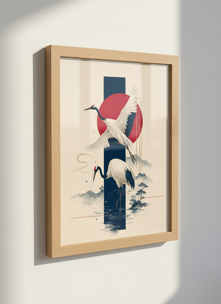 Japanese Crane Wall Art | Minimalist Red Sun Poster, Zen Bedroom Decor