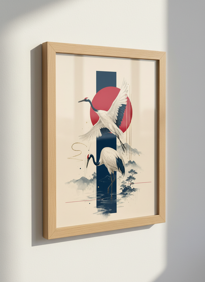 Japanese Crane Wall Art | Minimalist Red Sun Poster, Zen Bedroom Decor