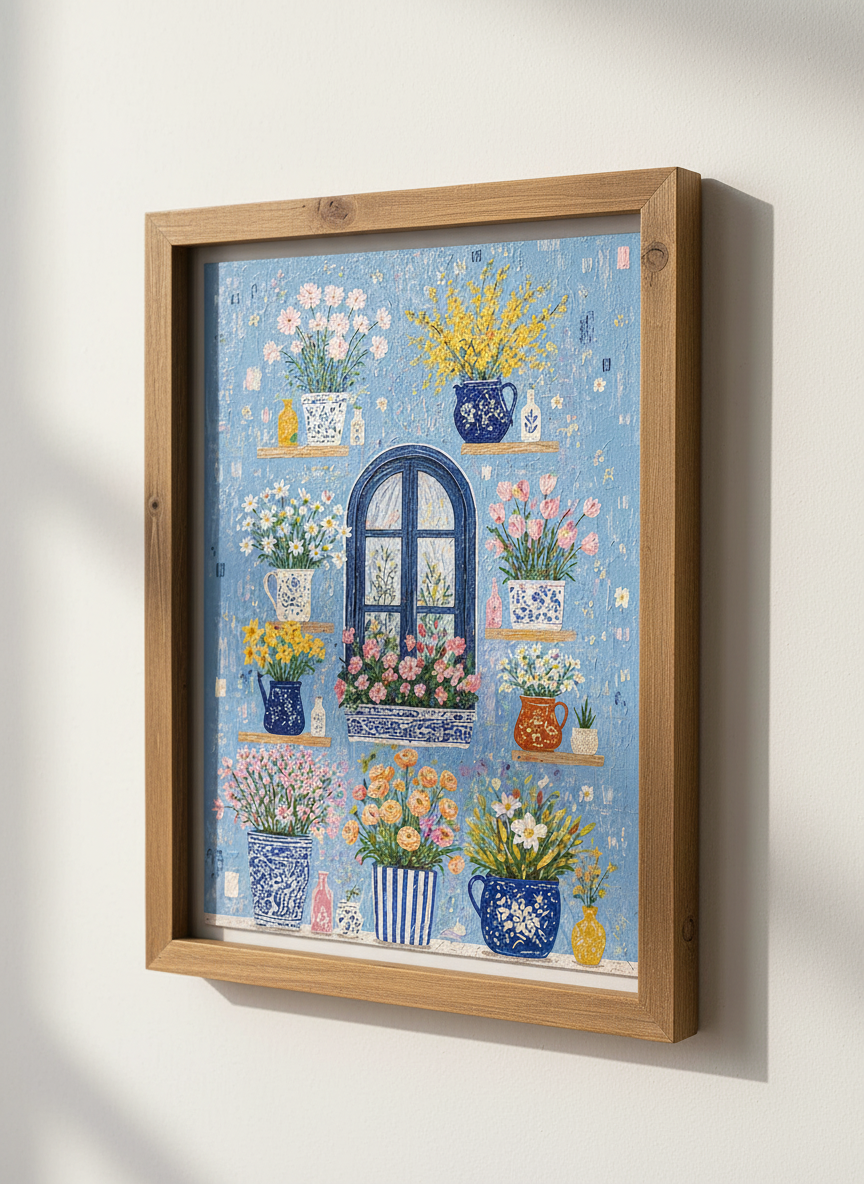 Floral Window Wall Art Print | Blue Mediterranean Decor | Impressionist Poster