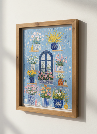 Floral Window Wall Art Print | Blue Mediterranean Decor | Impressionist Poster