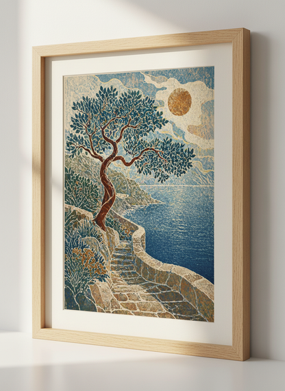 Mediterranean Tree Wall Art Print | Coastal Path Decor | Woodcut Aesthetic Poster