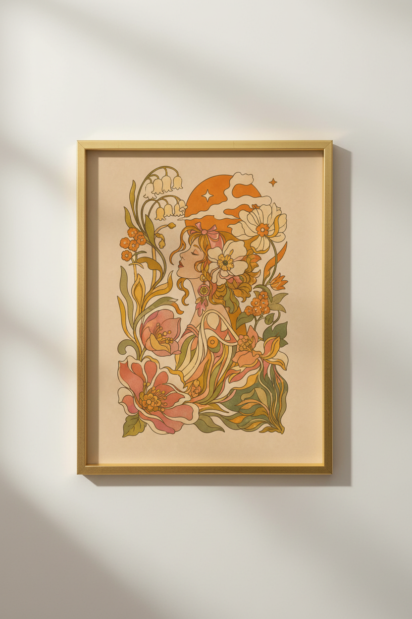 art nouveau poster | floral portrait, warm terracotta bedroom decor