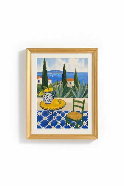 Mediterranean print | Blue Yellow Gouache, Kitchen Decor