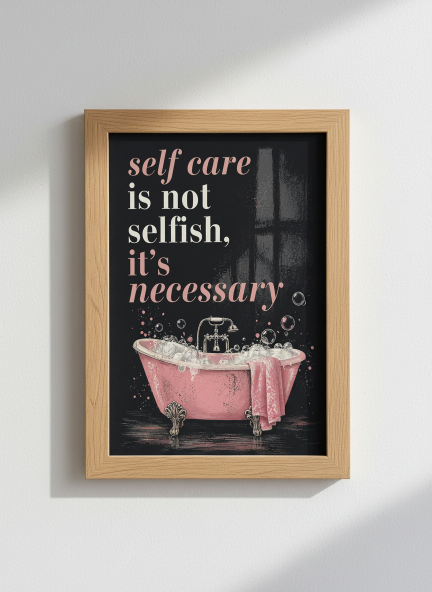 Self Care Bathtub Quote Art | Bathroom Decor, Spa Aesthetic Print | Pink Black Wall Art