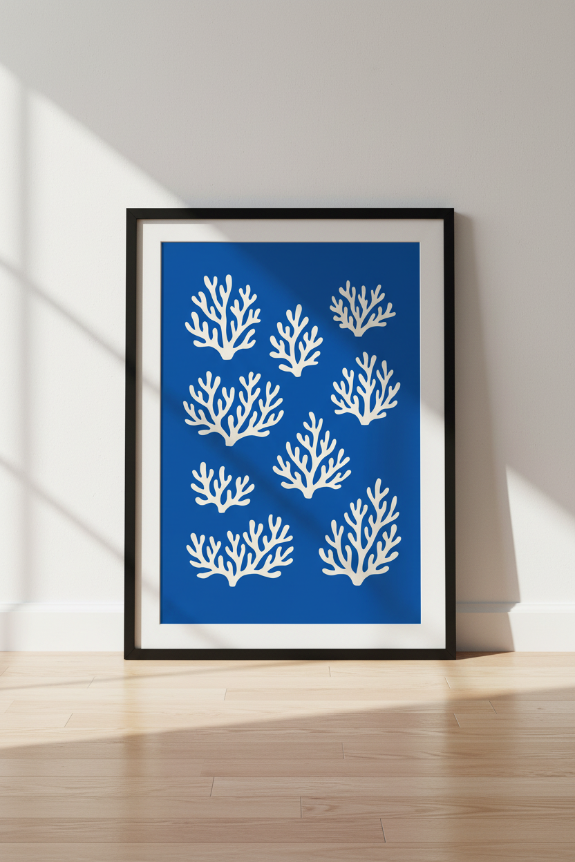 Coastal Minimalist Coral Wall Art Print | Ocean Blue Living Room Decor | Nautical Framed Poster | Ready To Hang Wall Decor