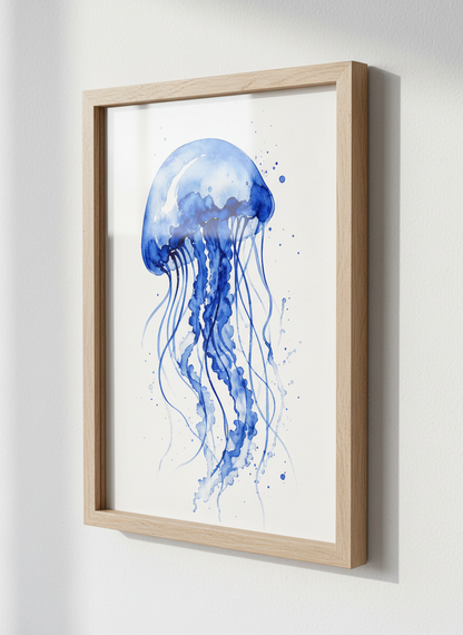Blue Jellyfish Watercolor | Coastal Indigo Sea Life Print | Modern Bathroom Decor