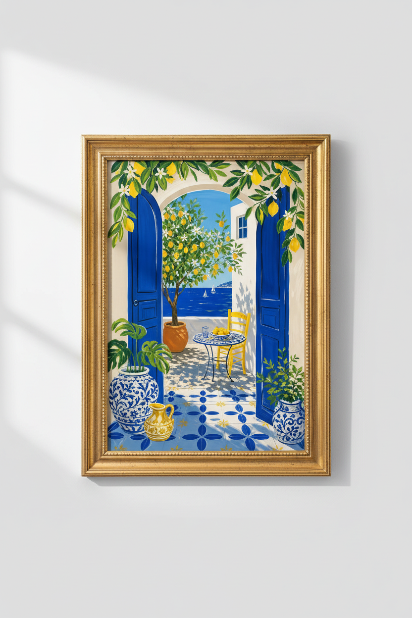 Mediterranean wall art | Lemon Terrace Blue Yellow, Kitchen Decor