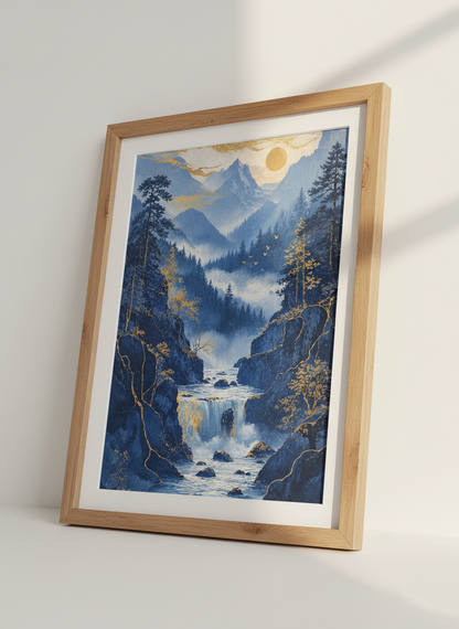 Blue Gold Mountain Waterfall Wall Art | Living Room Decor | Japanese Aesthetic Poster