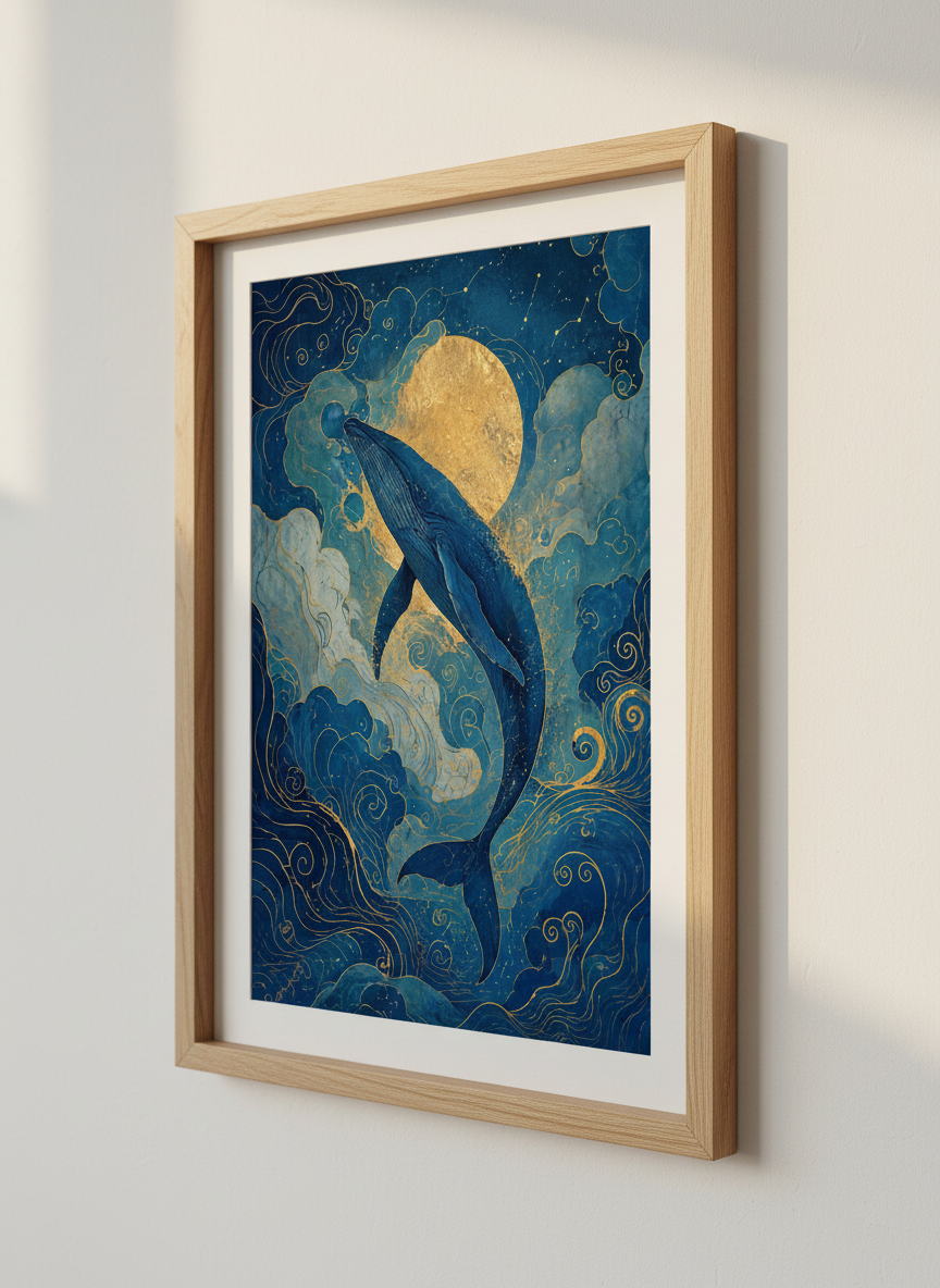 Celestial Whale Wall Art | Gold Moon Navy Poster | Ethereal Bedroom Decor