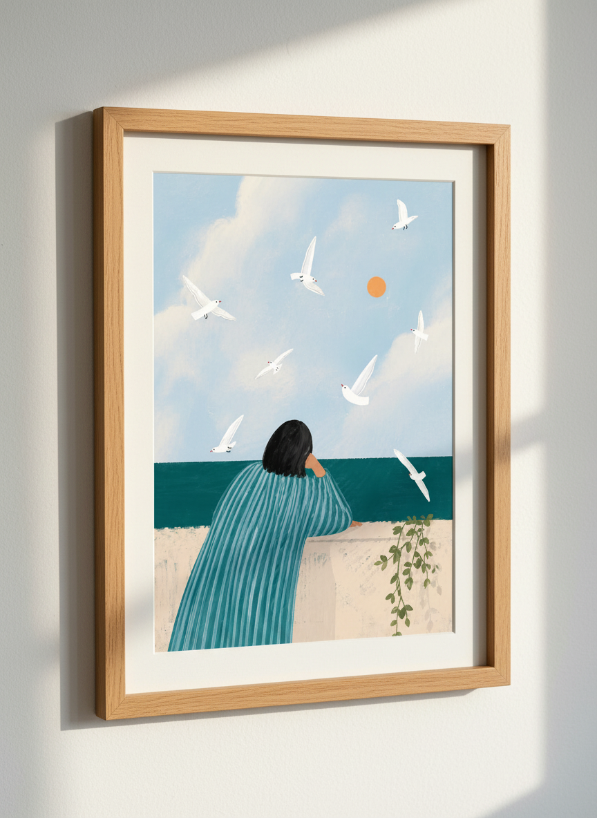 Woman Ocean View Wall Art | Tranquil Coastal Decor | Minimalist Seagull Print