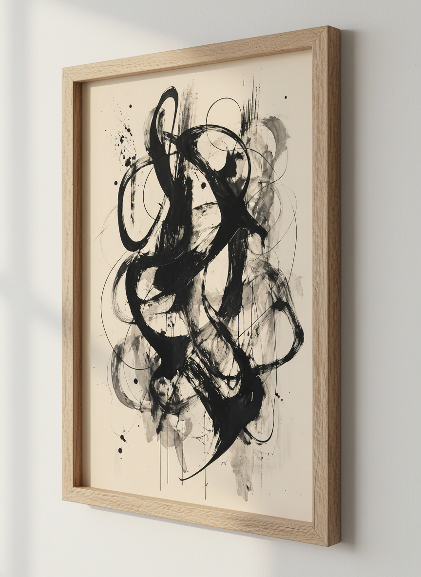 Abstract Ink Stroke Wall Art | Black and Beige Minimalist Print, Modern Office Decor