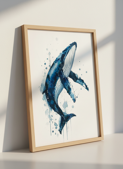Blue Watercolor Whale Wall Art | Indigo Nautical Decor, Coastal Nursery Poster