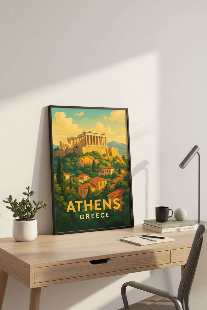 Retro Travel Poster Athens Greece Wall Art Print | Living Room Decor | Framed Acropolis Ancient City Poster