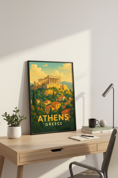 Retro Travel Poster Athens Greece Wall Art Print | Living Room Decor | Framed Acropolis Ancient City Poster