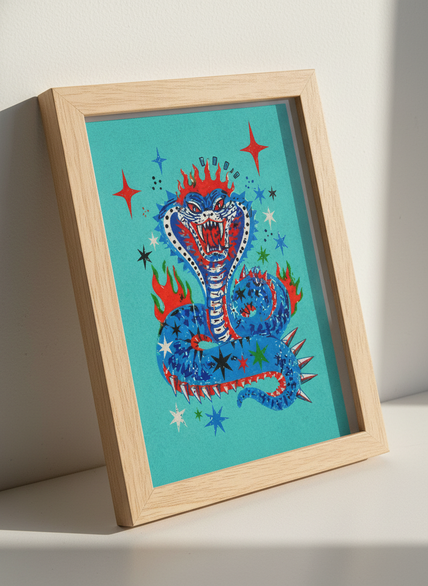 Fiery Cobra Snake Art Print | Retro Tattoo Style Wall Art, Maximalist Decor
