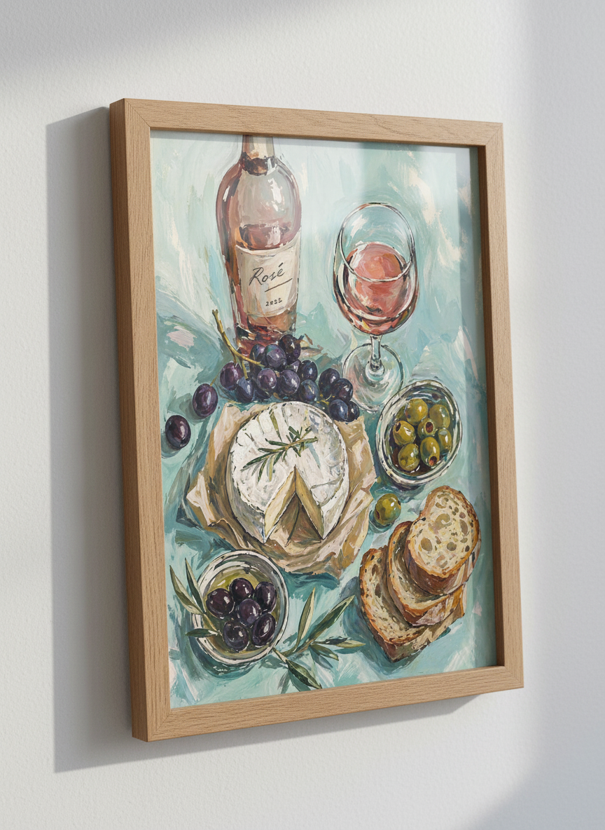 Rosé Wine &amp; Cheese Still Life Wall Art | Kitchen Decor | Impressionist Poster