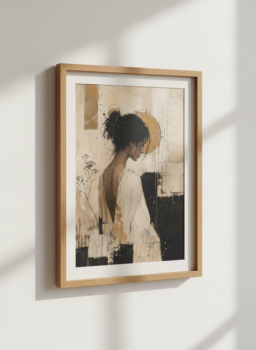 Abstract Woman Portrait | Neutral &amp; Gold Modern Art, Living Room Office Wall Decor