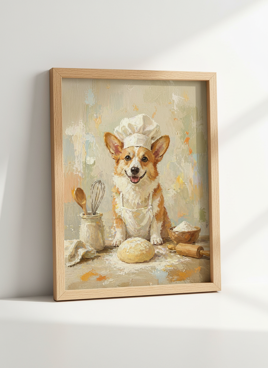 Chef Corgi Baking Wall Art Print | Kitchen Decor | Whimsical Dog Poster