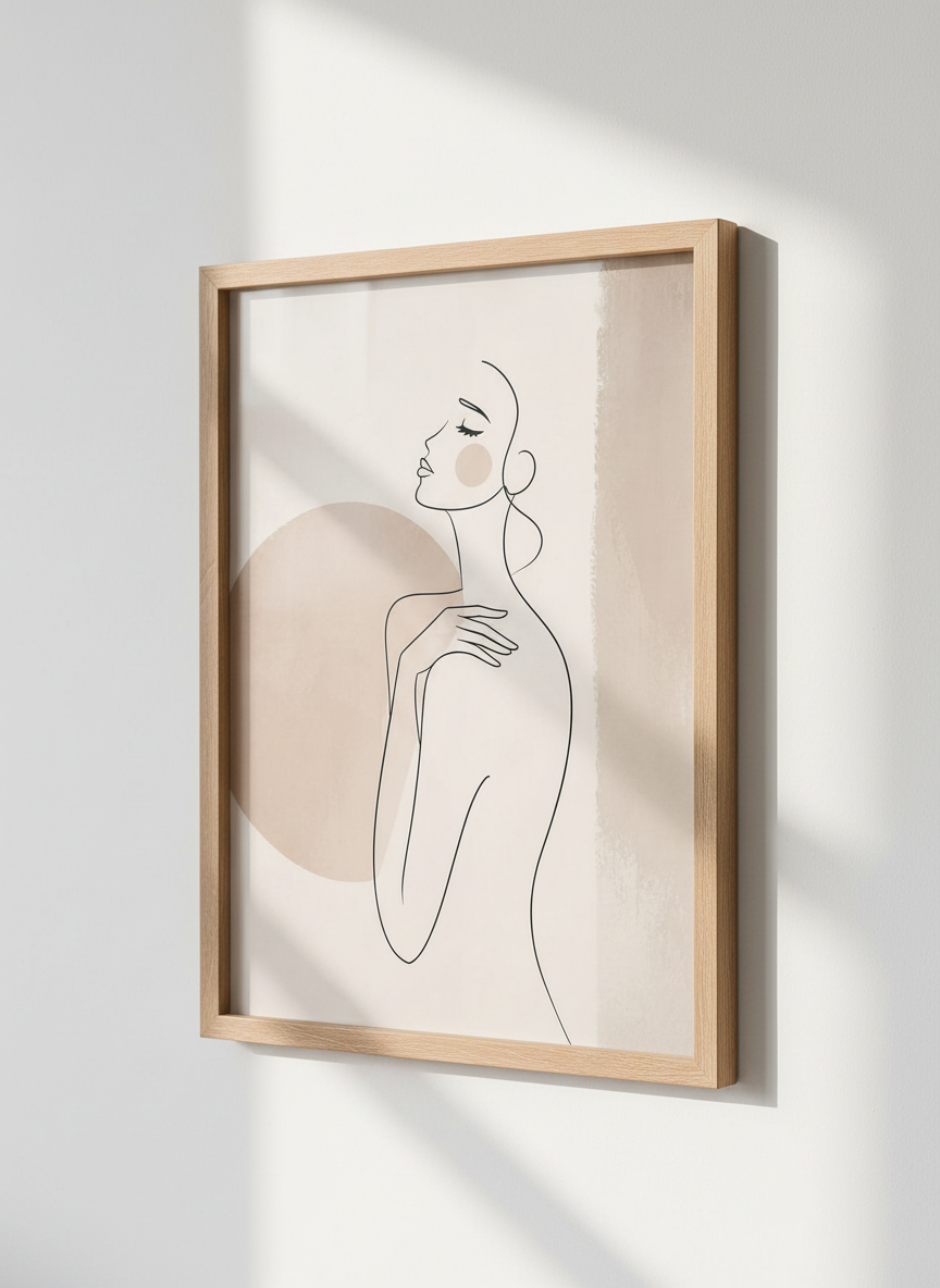 Minimalist Woman Line Art Print | Abstract Nude Figure, Beige Gallery Wall Decor