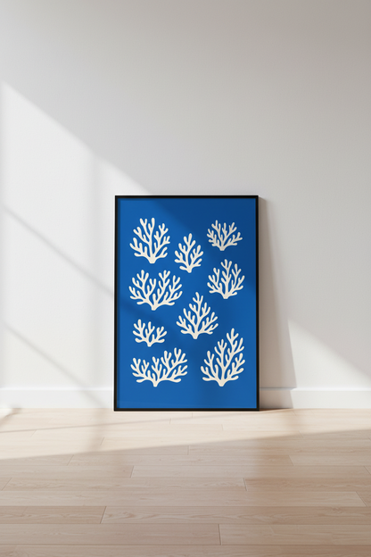 Minimalist Coral Wall Art Print | Coastal Bathroom Decor | Ocean Blue &amp; White Aesthetic Framed Poster