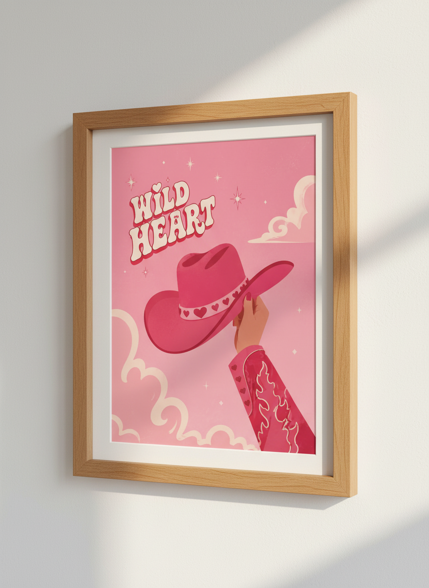 Wild Heart Pink Cowgirl Wall Art | Retro Western Poster, Dorm &amp; Bedroom Decor