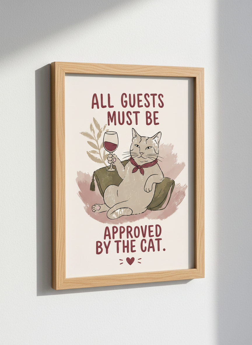 Funny Cat Wine Wall Art | Muted Boho Guest Room Poster, Cat Lover Gift