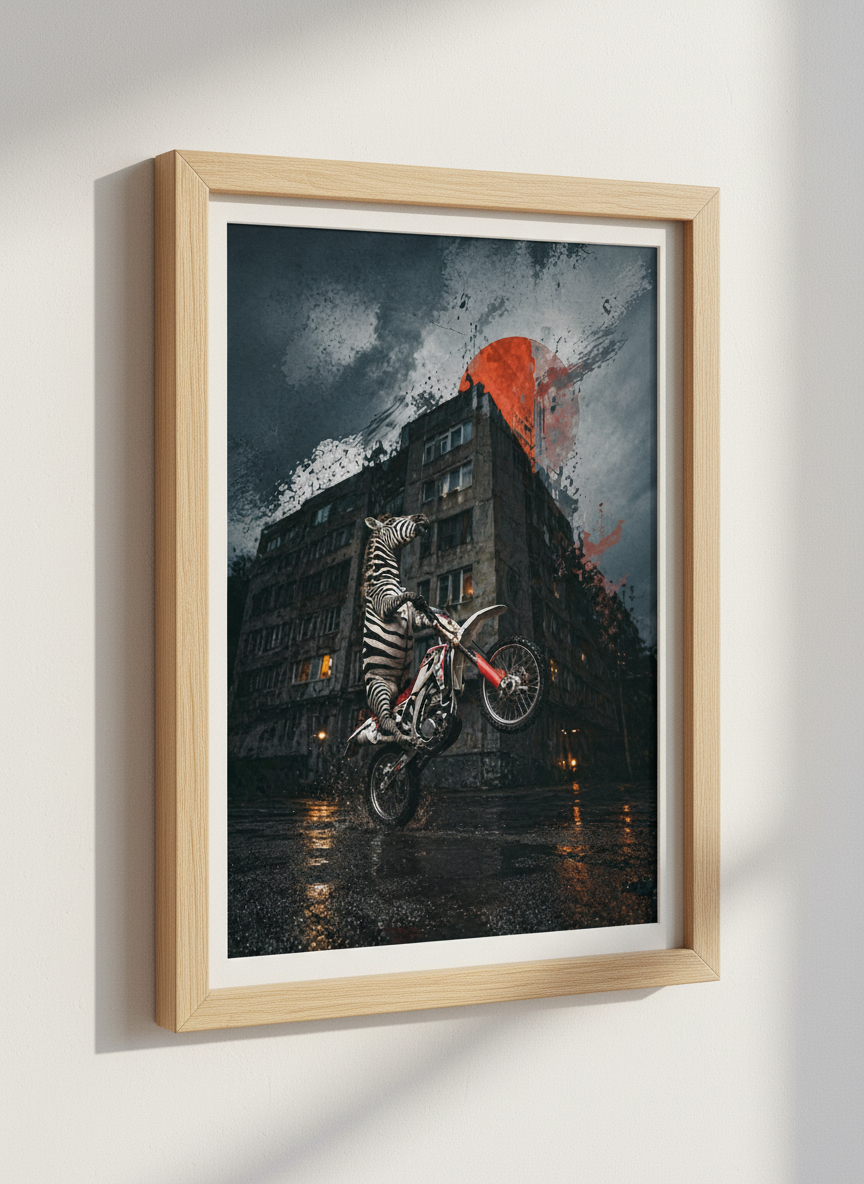 Zebra on Motorcycle Art Print | Biker Wall Decor | Surreal Animal Poster Gift