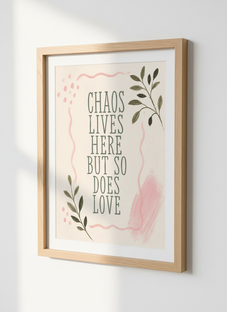 Chaos Lives Here But So Does Love Wall Art | Family Room Decor | Boho Aesthetic Poster