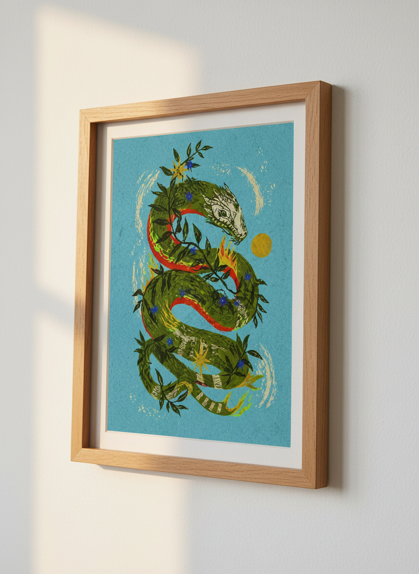 Kundalini Serpent Dragon Wall Art | Mystical Folk Decor | Boho Psychedelic Print