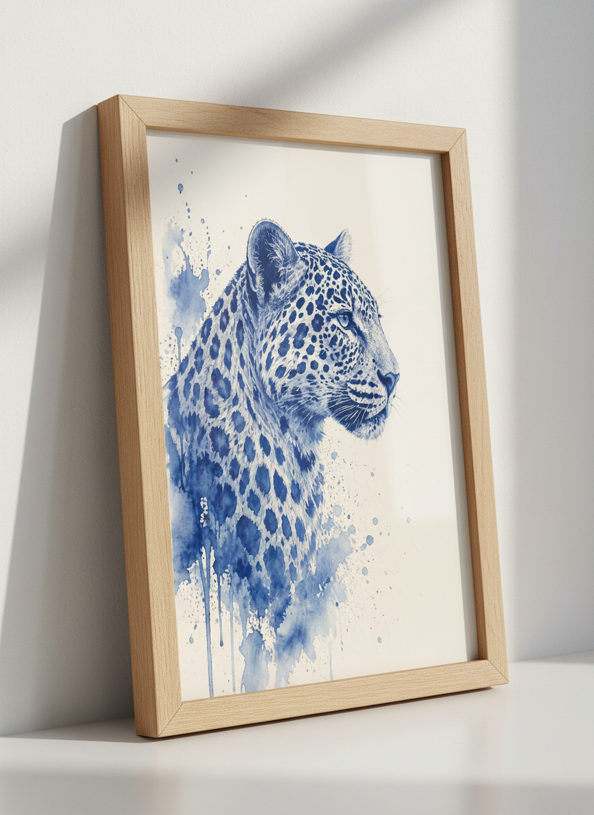 Blue Leopard Watercolor Wall Art | Indigo Animal Poster, Modern Safari Decor