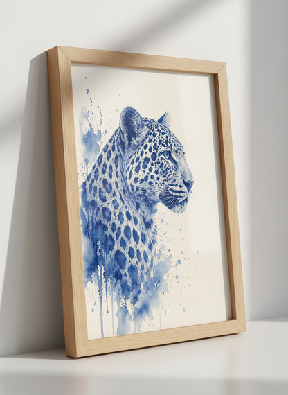 Blue Leopard Watercolor Wall Art | Indigo Animal Poster, Modern Safari Decor