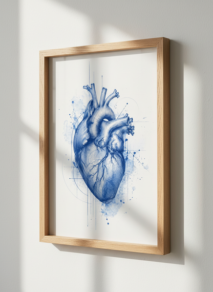 Anatomical Heart Wall Art | Blue Watercolor Ink Sketch, Medical Office Decor